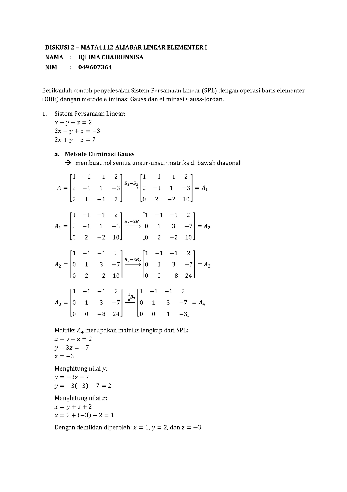 ALE Disc2 - Aljabar - DISKUSI 2 – MATA4112 ALJABAR LINEAR ELEMENTER I ...