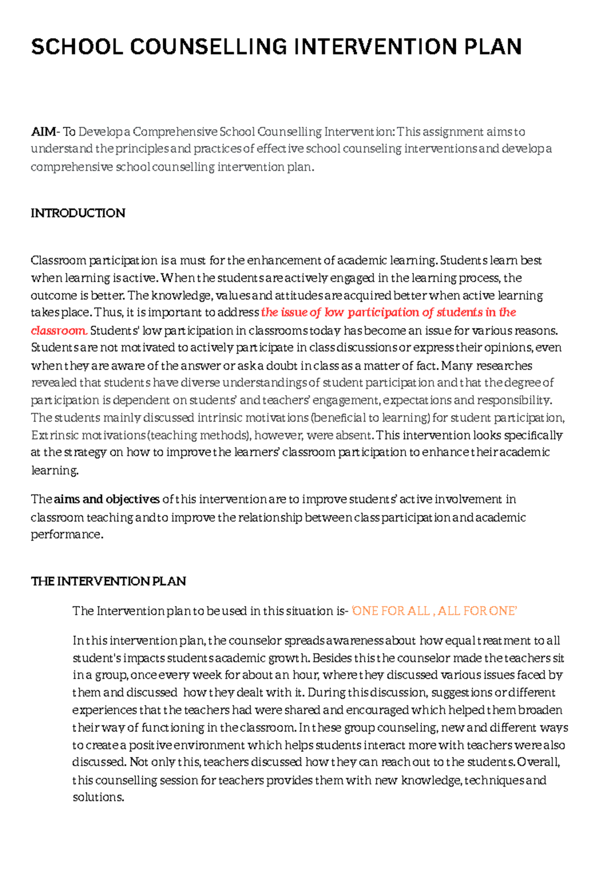 Counselling assignment - SCHOOL COUNSELLING INTERVENTION PLAN AIM- To ...