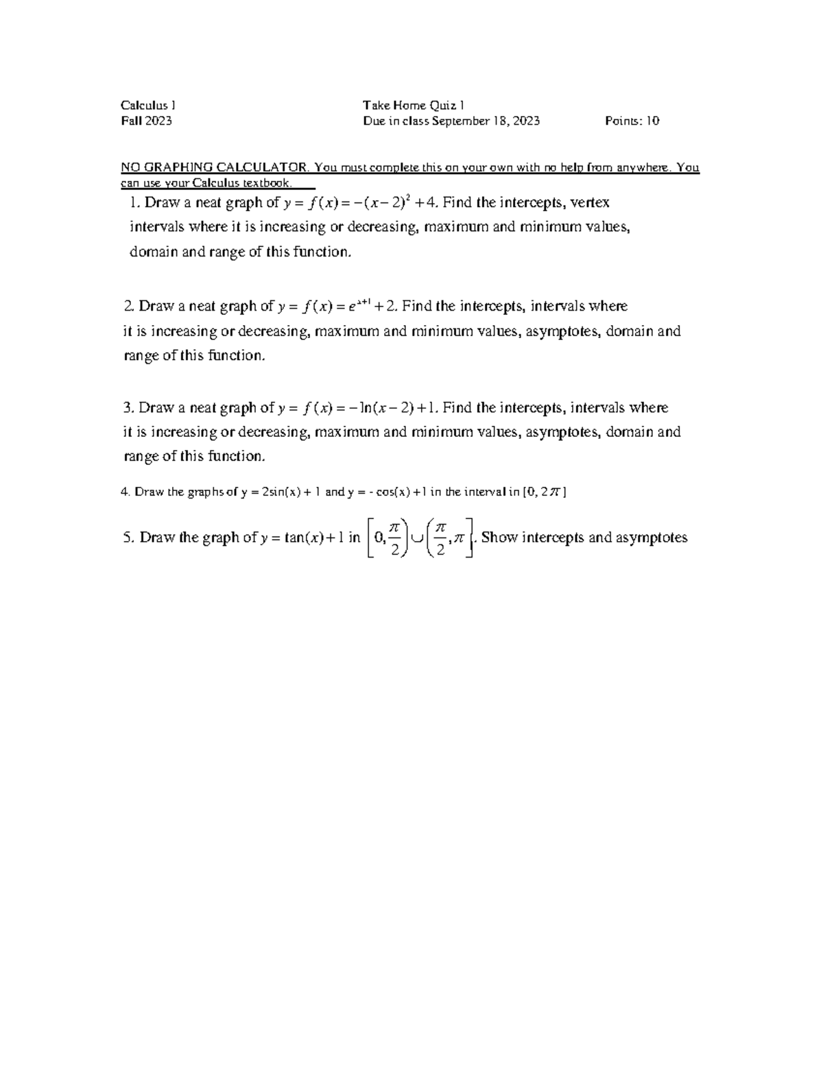 Calculus I Fall 2023 quiz 1 TH - Calculus I Take Home Quiz 1 Fall 2023 ...