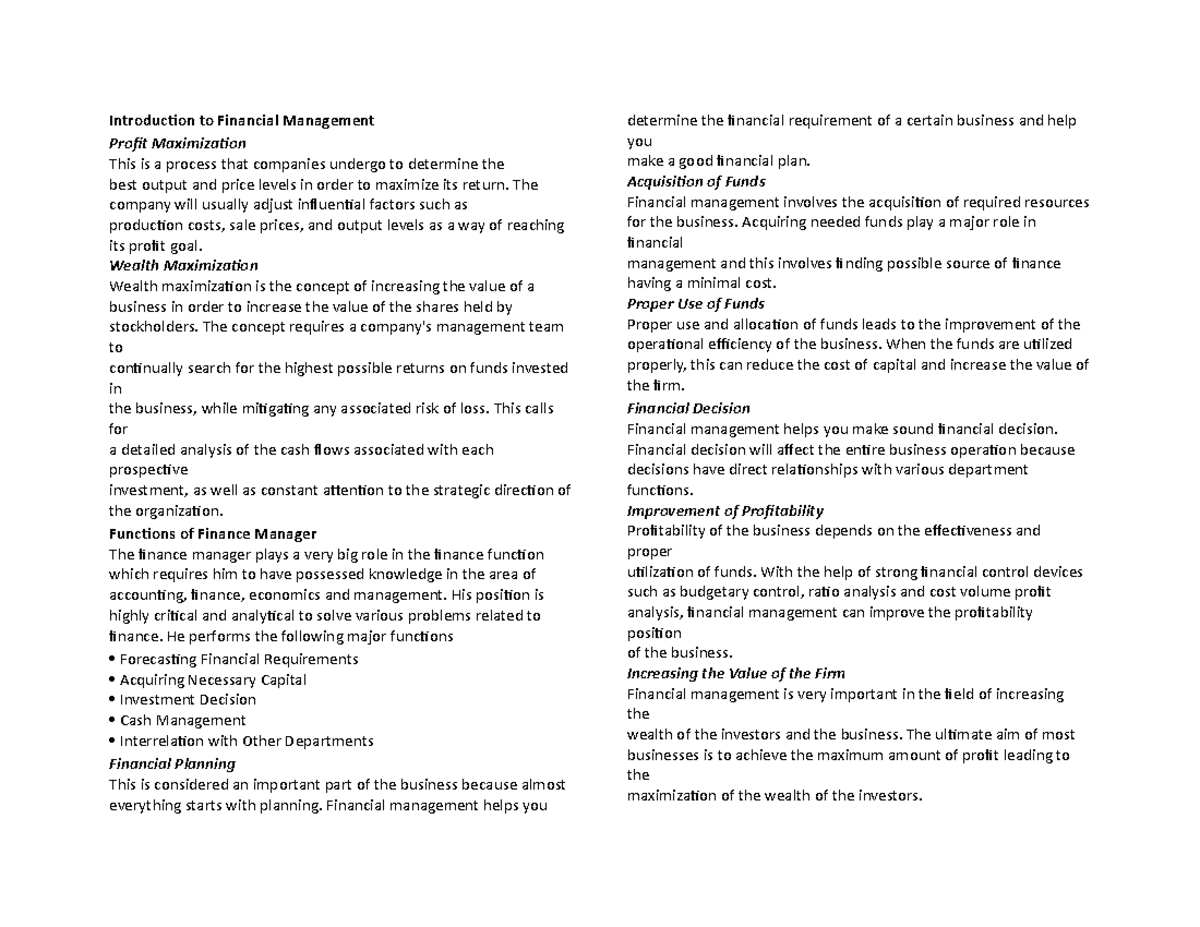 Financial Management exam reviewer Introduction to Financial