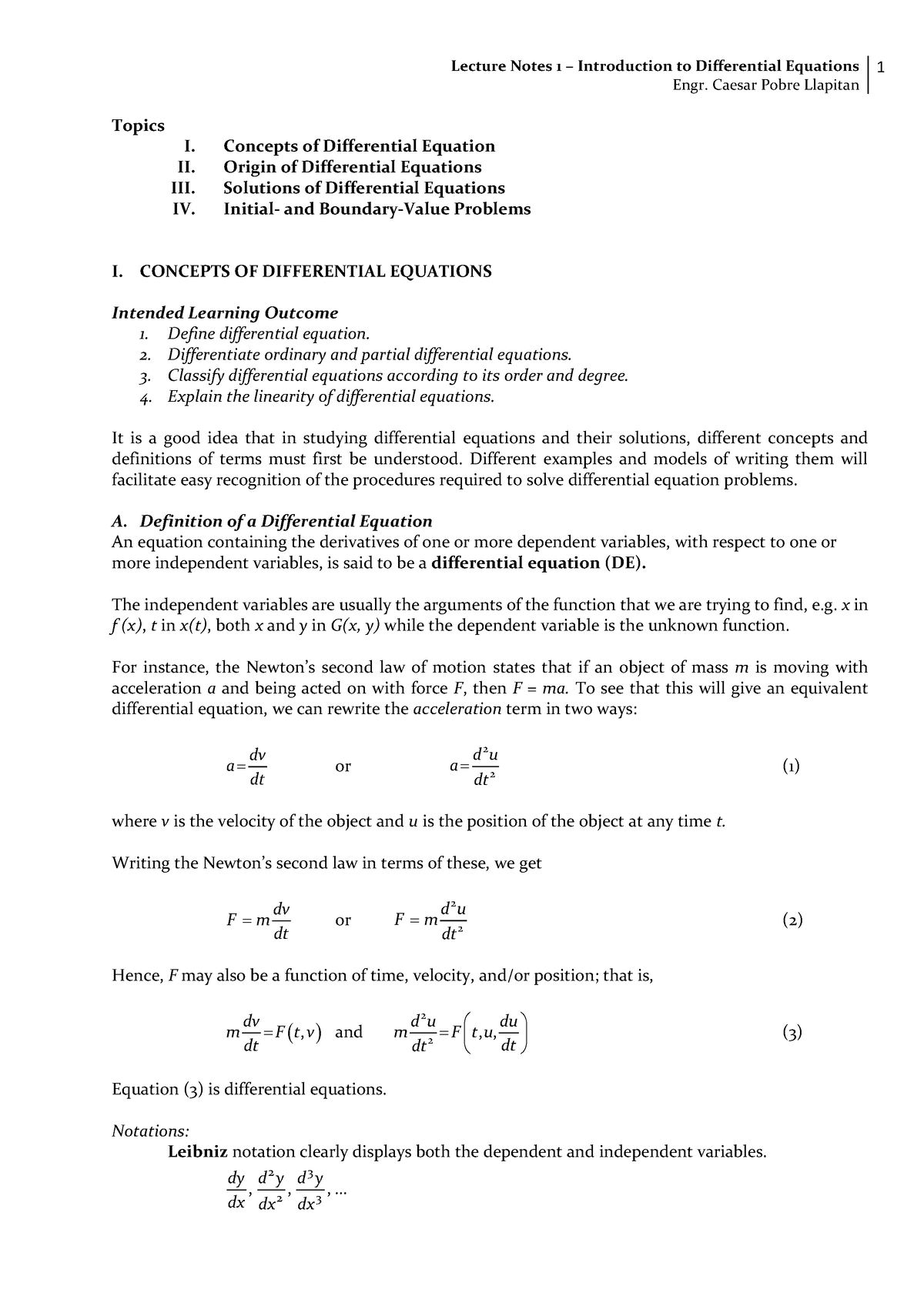 Lecture Notes 1 Differential Equations 2020 - Engr. Caesar Pobre ...