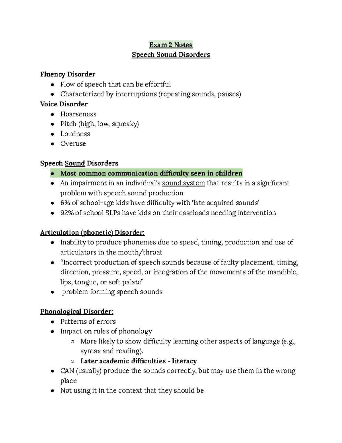 Exam 2 Notes - Exam 2 Notes Speech Sound Disorders Fluency Disorder ...