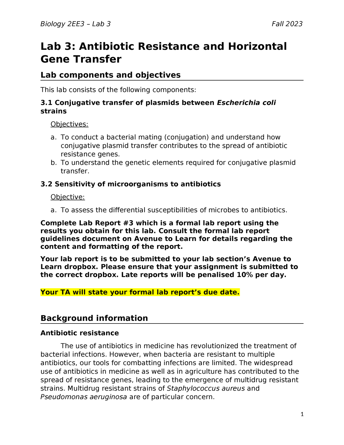 Bio 2ee3 Lab 3 Manual Lab 3 Antibiotic Resistance And Horizontal Gene Transfer Lab Components 3204