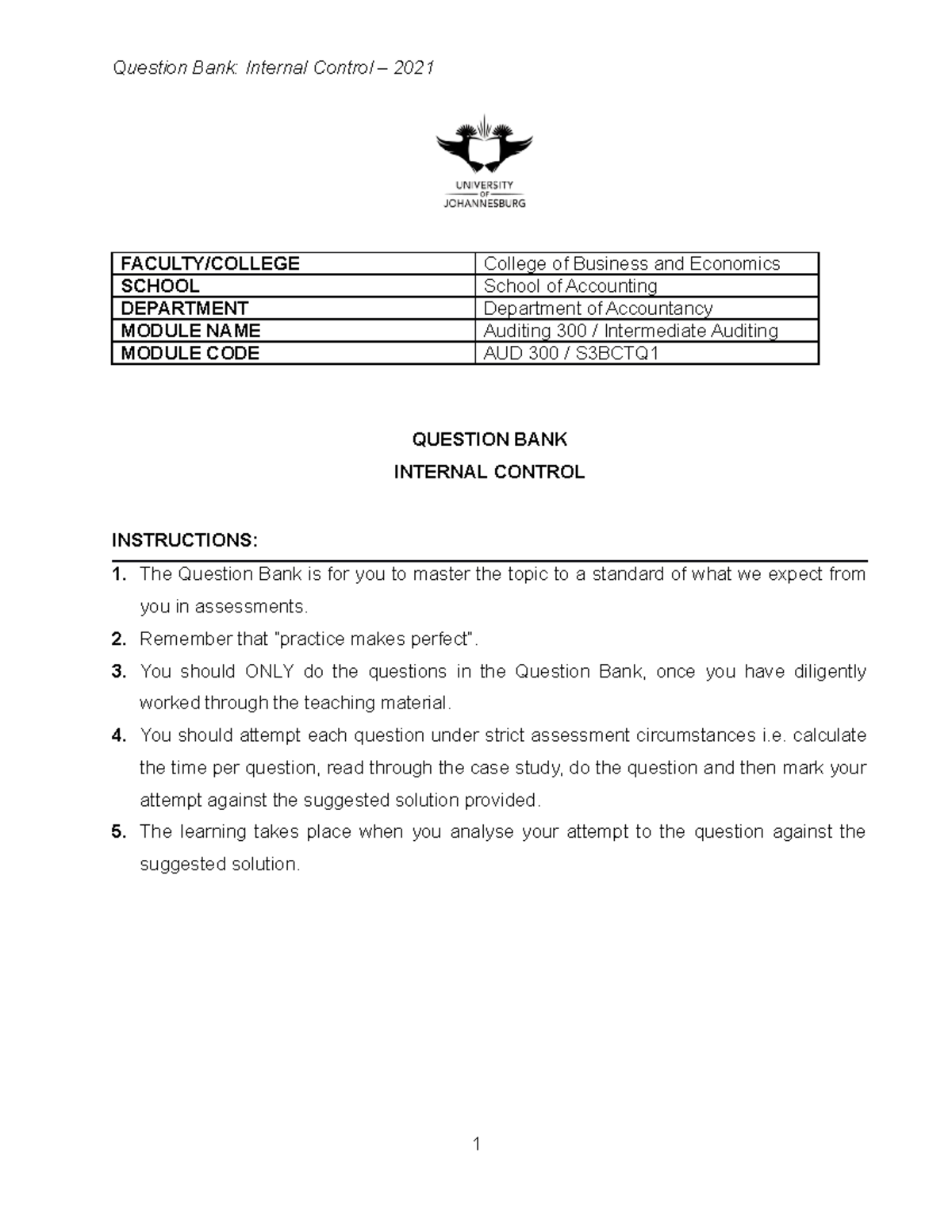 internal control question bank AUD300 UJ Studocu