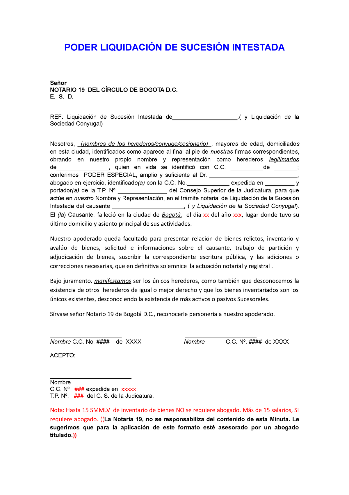 Poder sucesion intestada ante notario - PODER LIQUIDACIÓN DE SUCESIÓN  INTESTADA Señor NOTARIO 19 DEL - Studocu