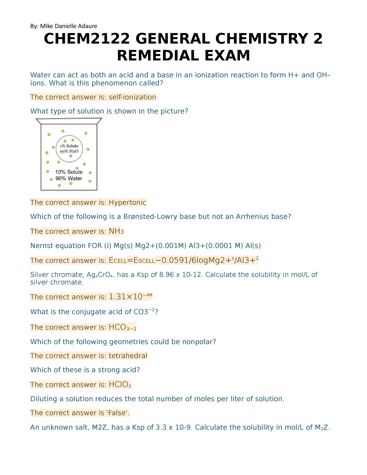 CHEM2122 General Chemistry 2 Remedial Exam WEWO - CHEM2122 GENERAL ...