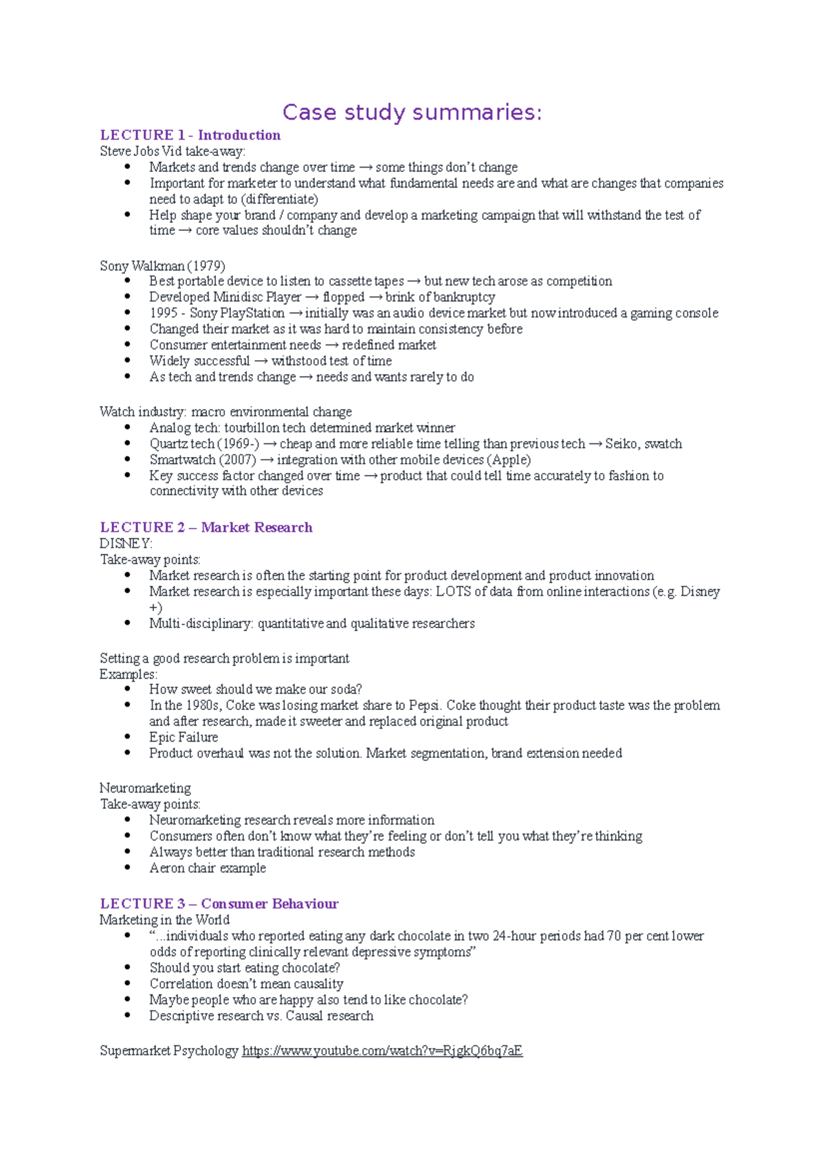 Case study summaries - Some of the case studies mentioned in lectures