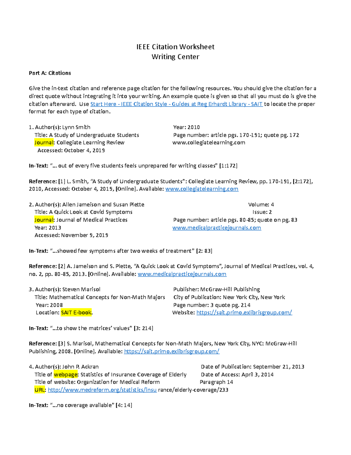 IEEE+Citation+Worksheet - IEEE Citation Worksheet Writing Center Part A ...