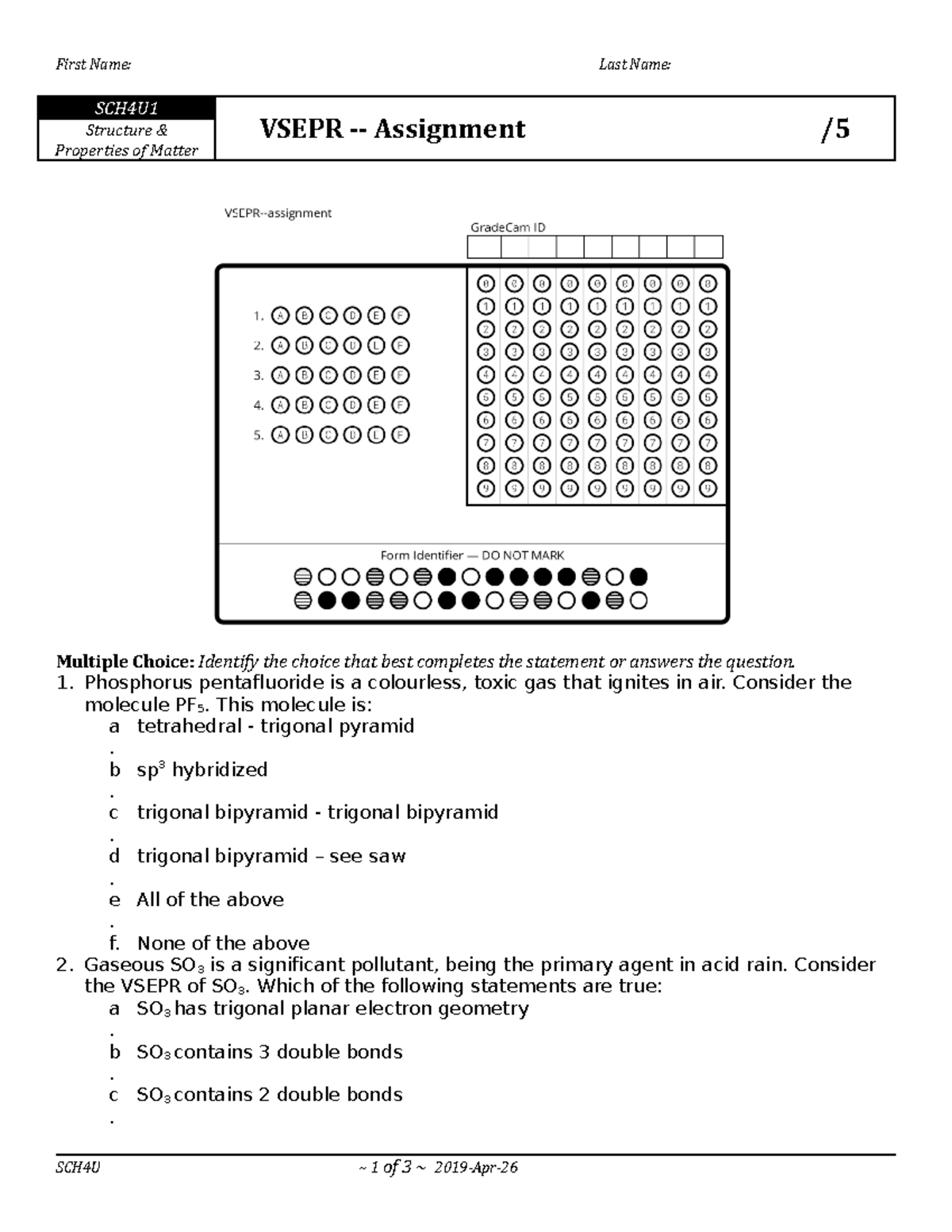 4U Vsepr assign 2023 - notes - First Name: Last Name: SCH4U Structure ...