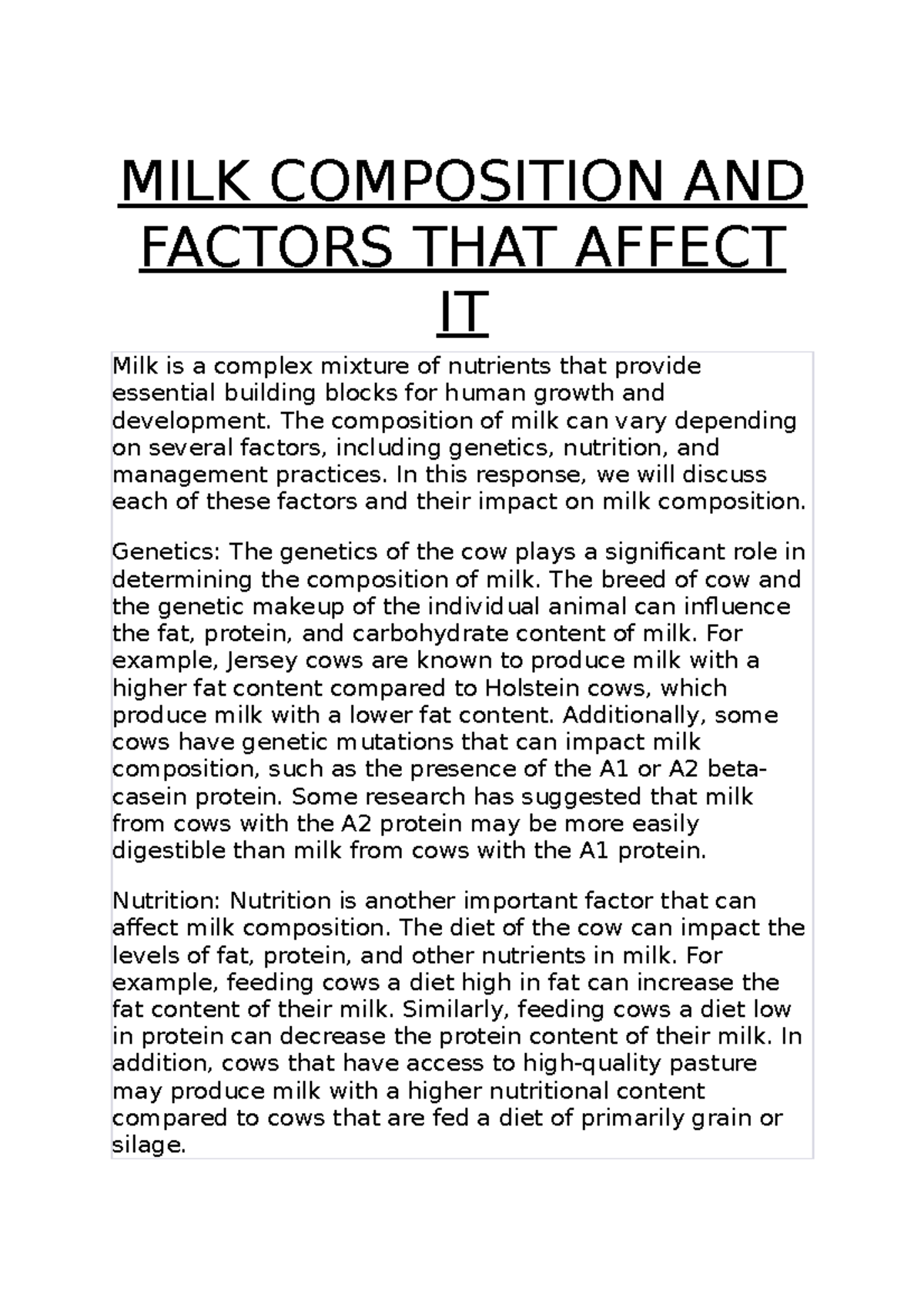 MILK Composition AND Factors THAT Affect IT MILK COMPOSITION AND