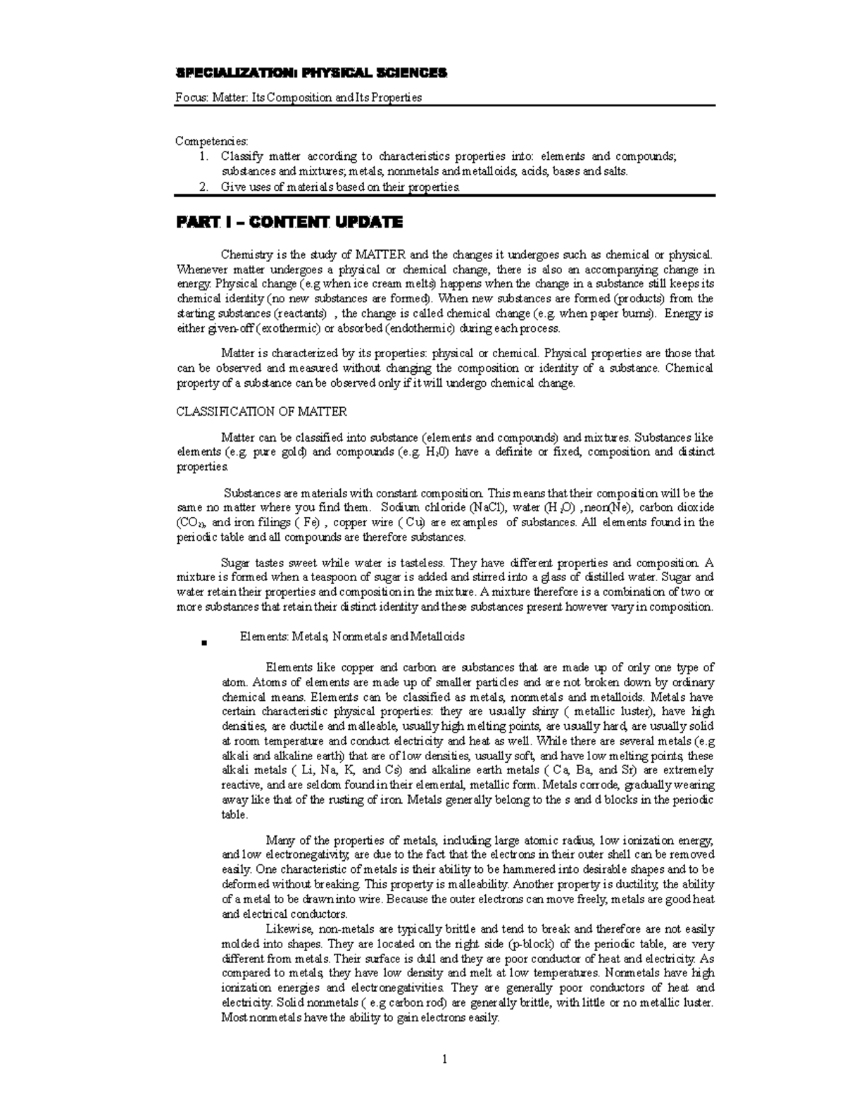 Physical science Matter Its Composition and Its Properties - Focus ...