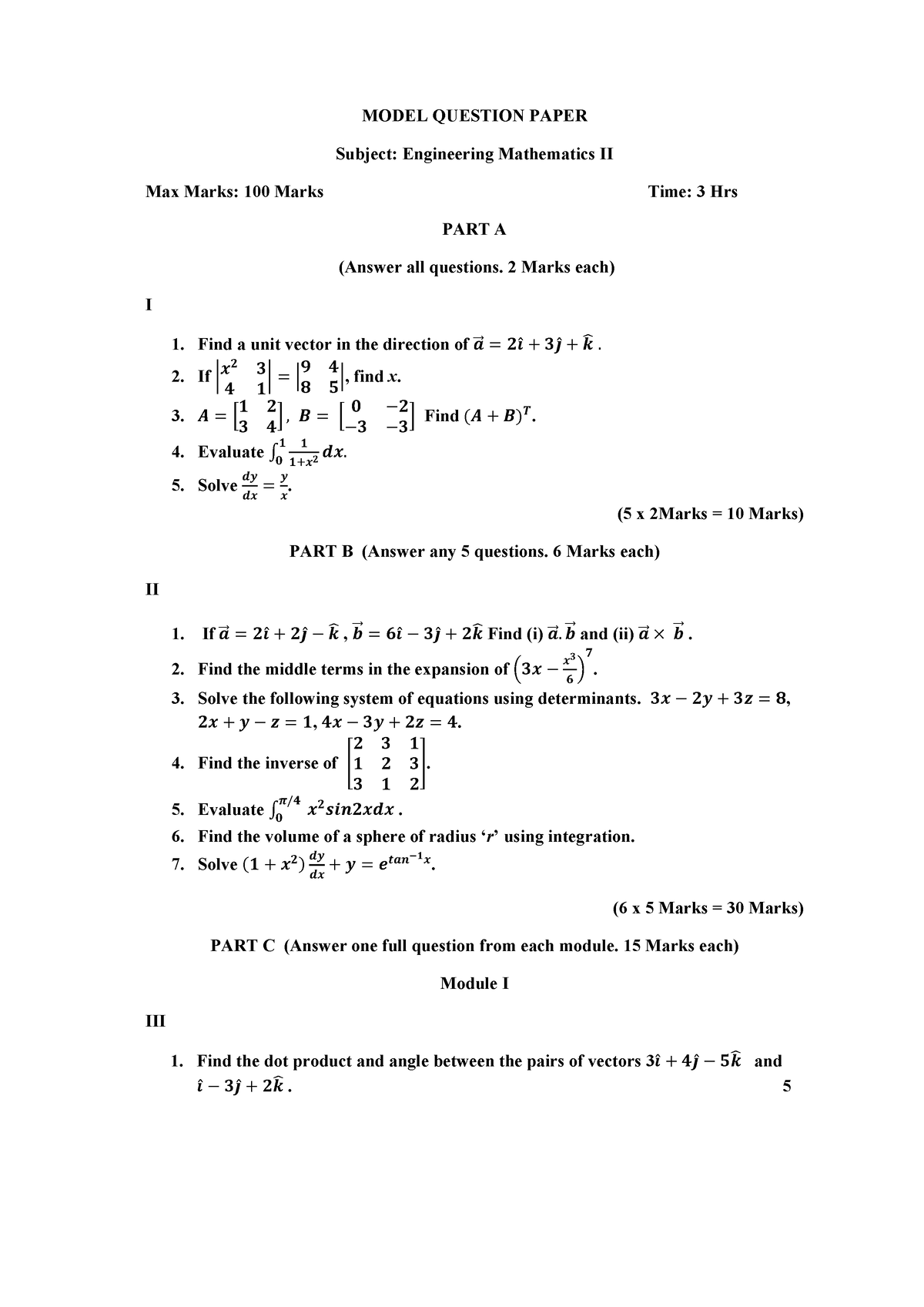 Model question paper engineering mathematics - MODEL QUESTION PAPER ...