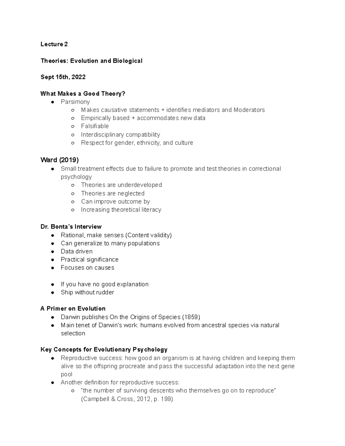 Lecture Notes Psyc 3402 Lecture 2 Theories Evolution And