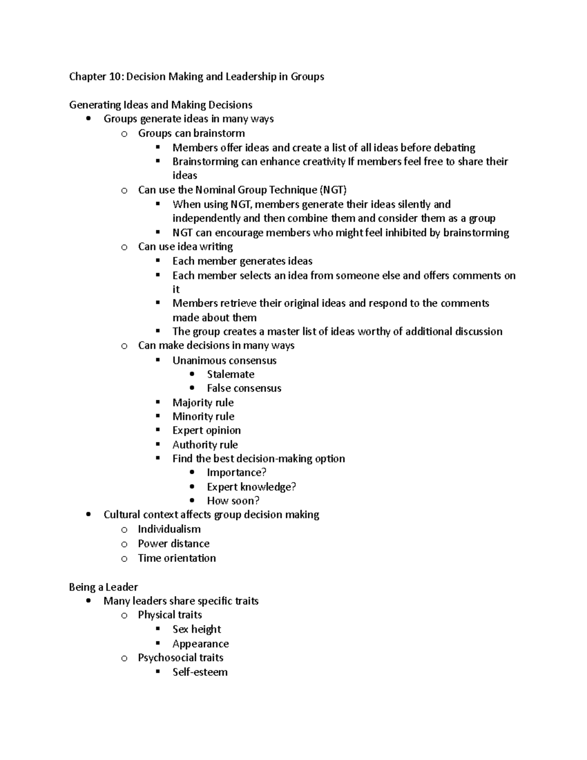 Chapter 10 - notes - Chapter 10: Decision Making and Leadership in ...