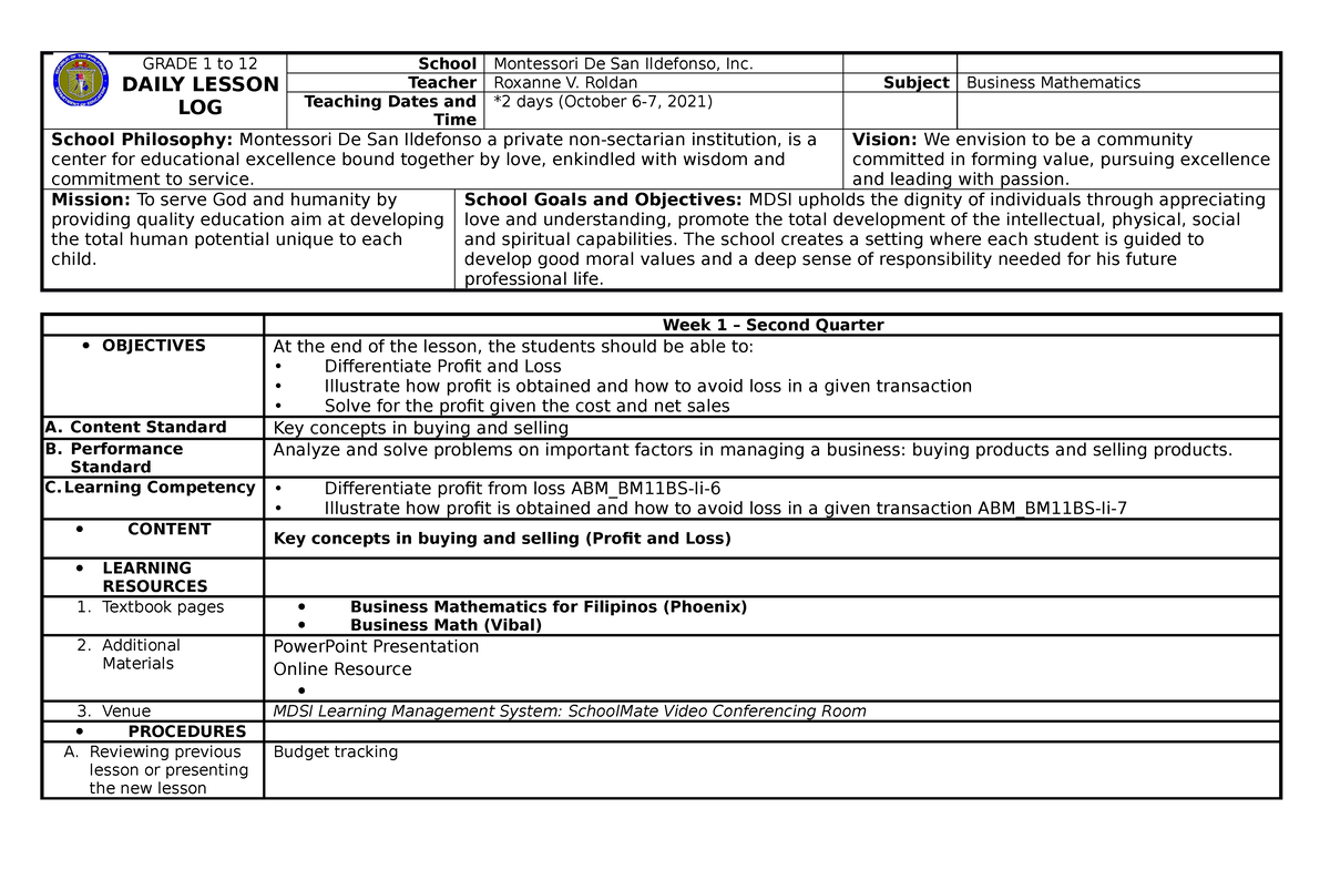 Q2W1 BM - NONE - GRADE 1 To 12 DAILY LESSON LOG School Montessori De ...