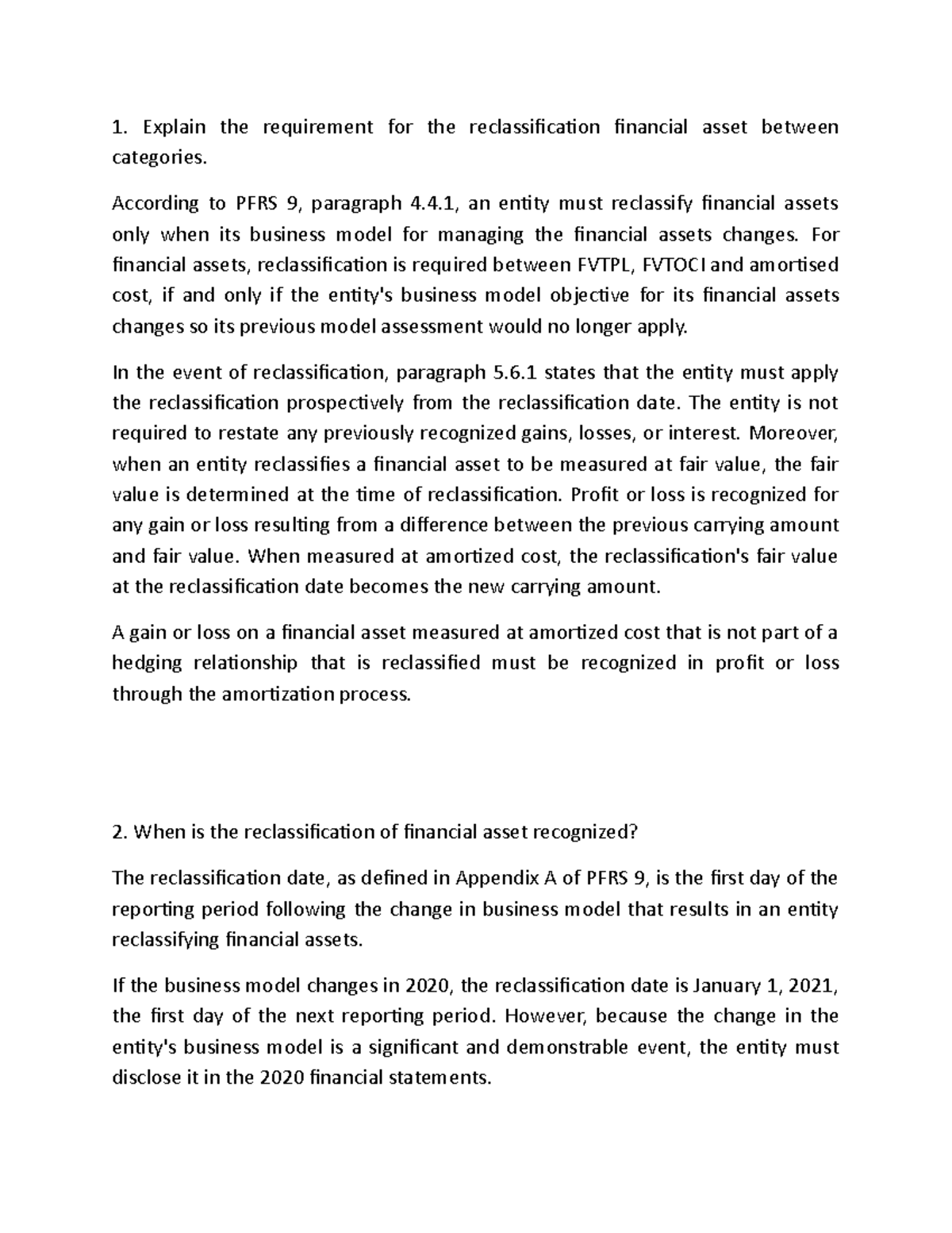 Reclassification of Financial Asset Discussion - Explain the ...