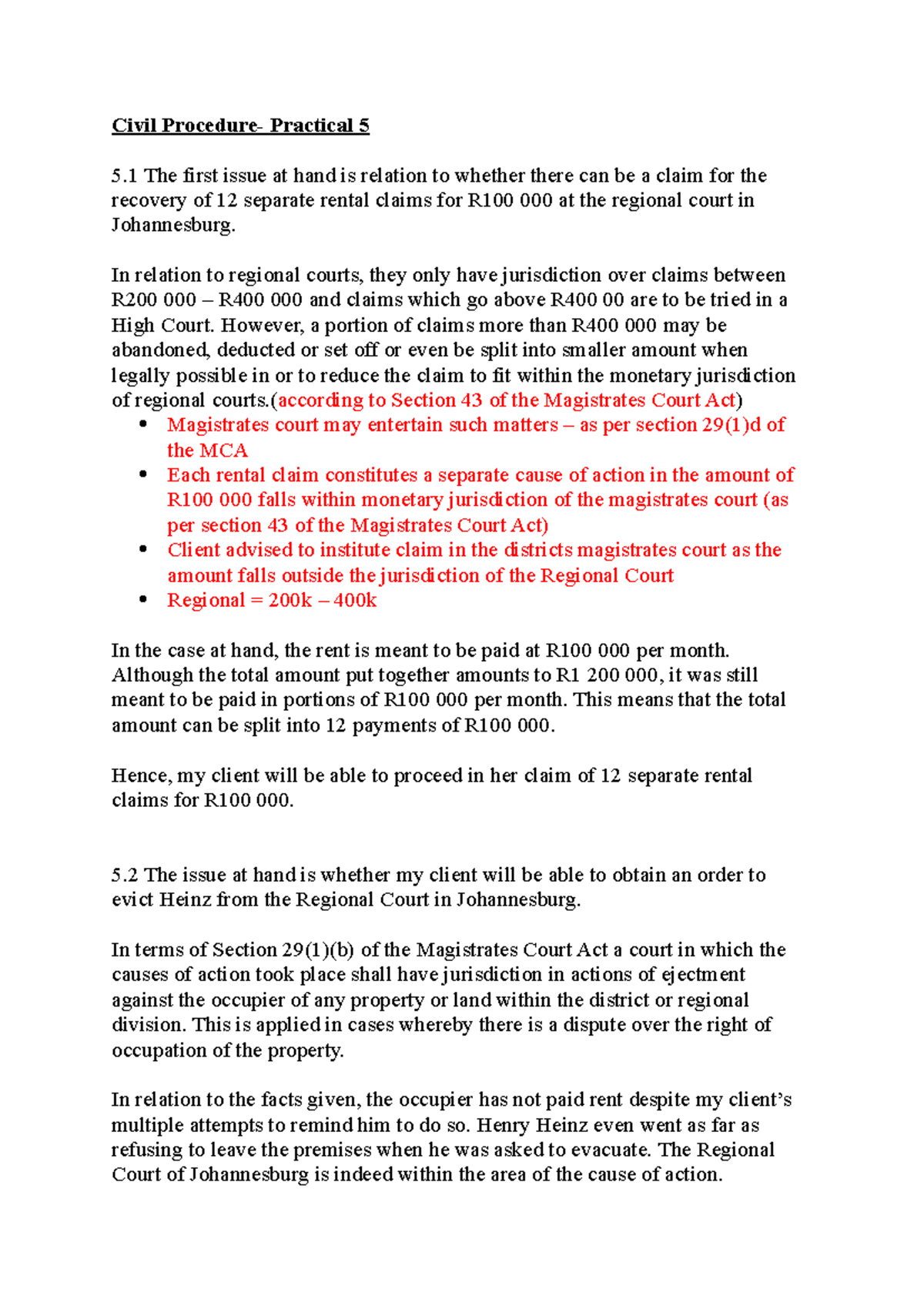 Civil Procedure pratical 5(2)) corrections - Civil Procedure- Practical ...