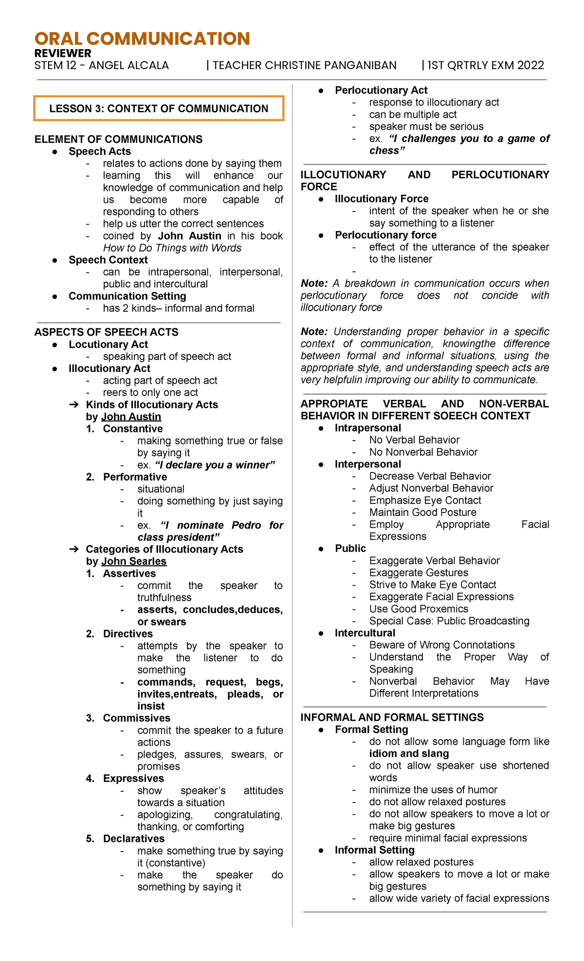 Oral Communication - ORAL COMMUNICATION REVIEWER STEM 12 - ANGEL ALCALA ...