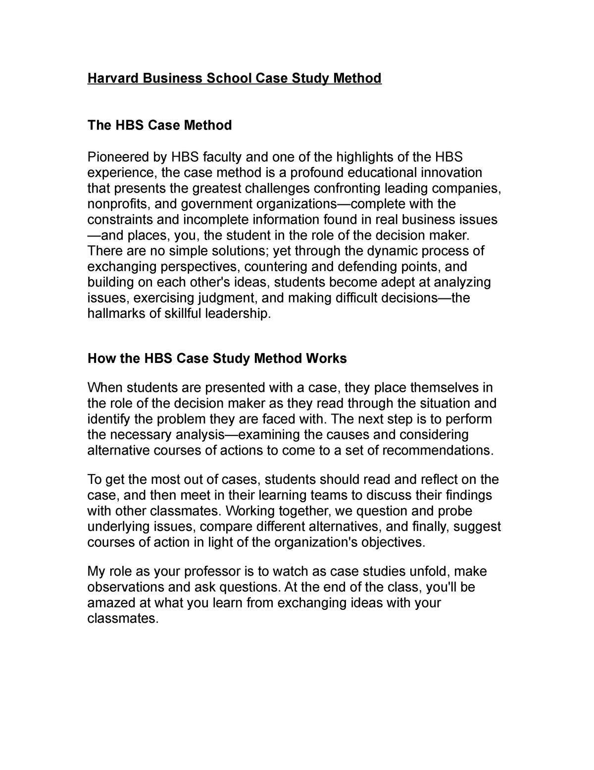 harvard business school case study method