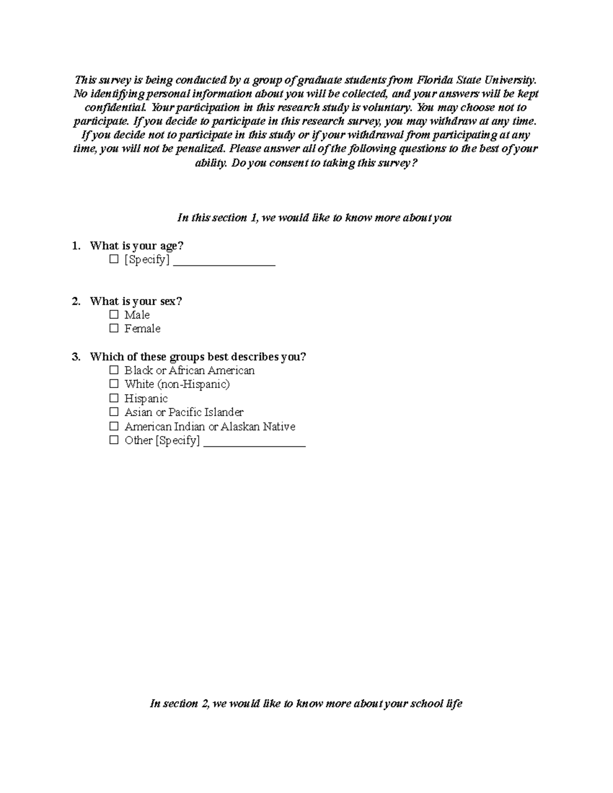 Survey final project - This survey is being conducted by a group of ...