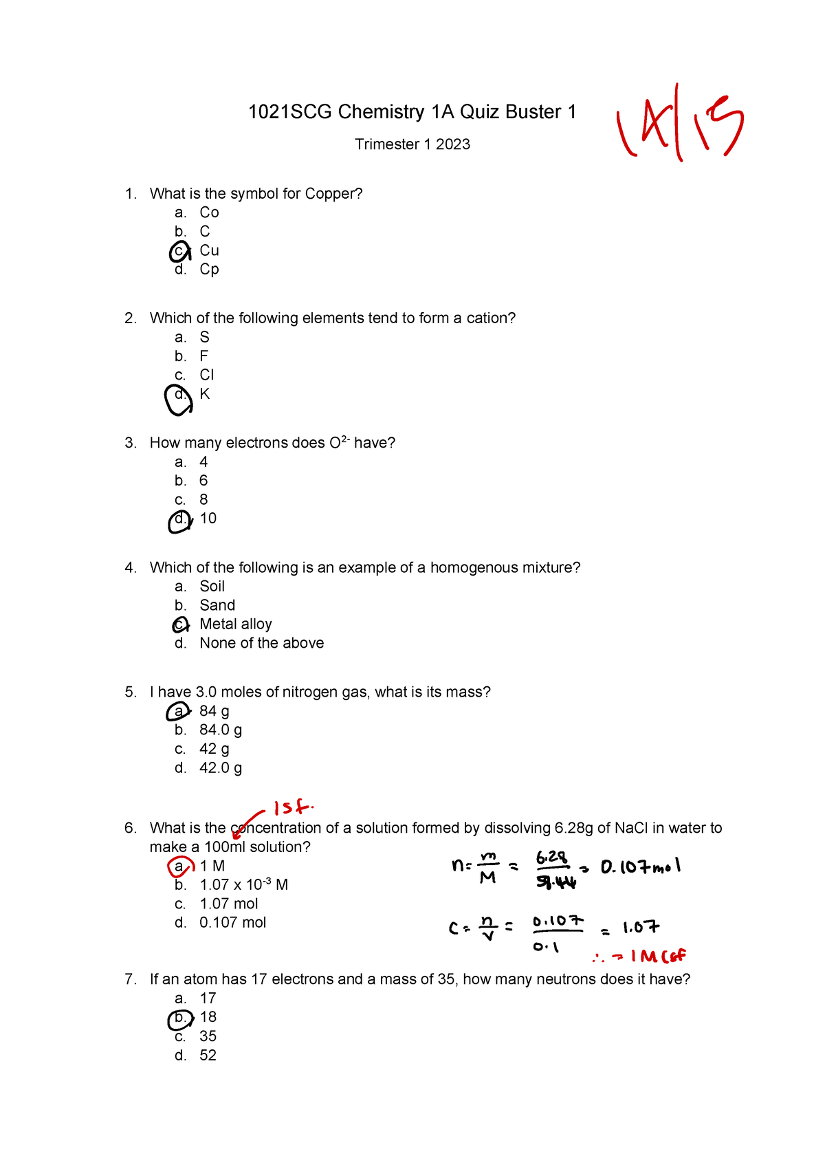 1021SCG Quiz Buster 1 Student COPY T1 2023 - 1021SCG Chemistry 1A Quiz ...