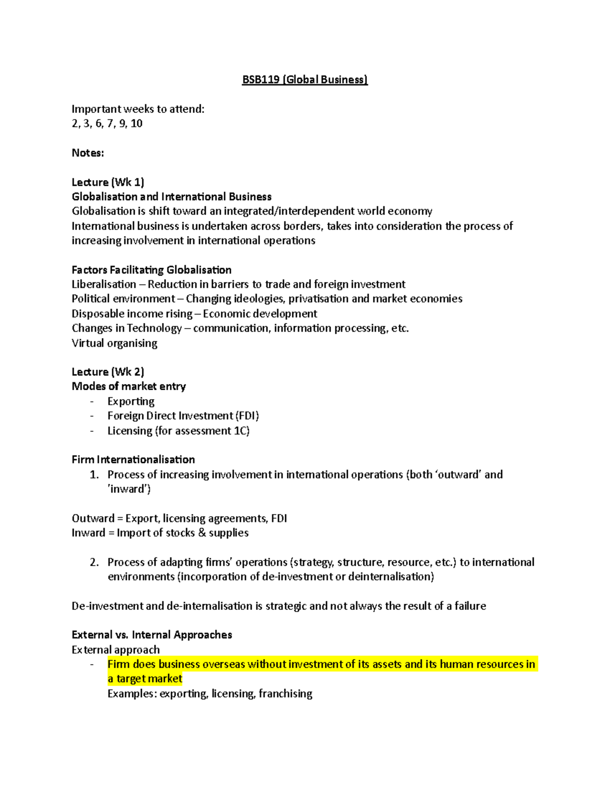 BSB119 Lecture Notes - BSB119 (Global Business) Important weeks to ...