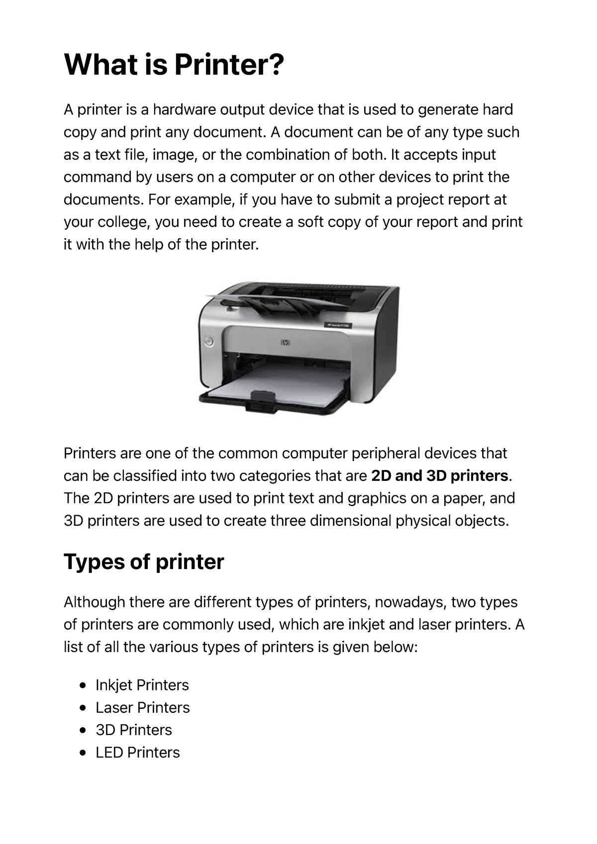 What Printer - javatpoint is Printer? A printer is a hardware output device that is used - Studocu
