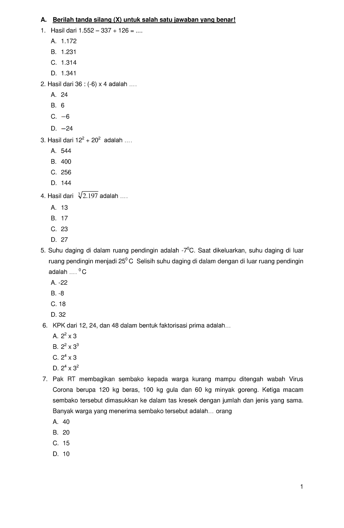 Latihan Soal Ujian Sekolah Matematika Ke - A. Berilah Tanda Silang (X ...