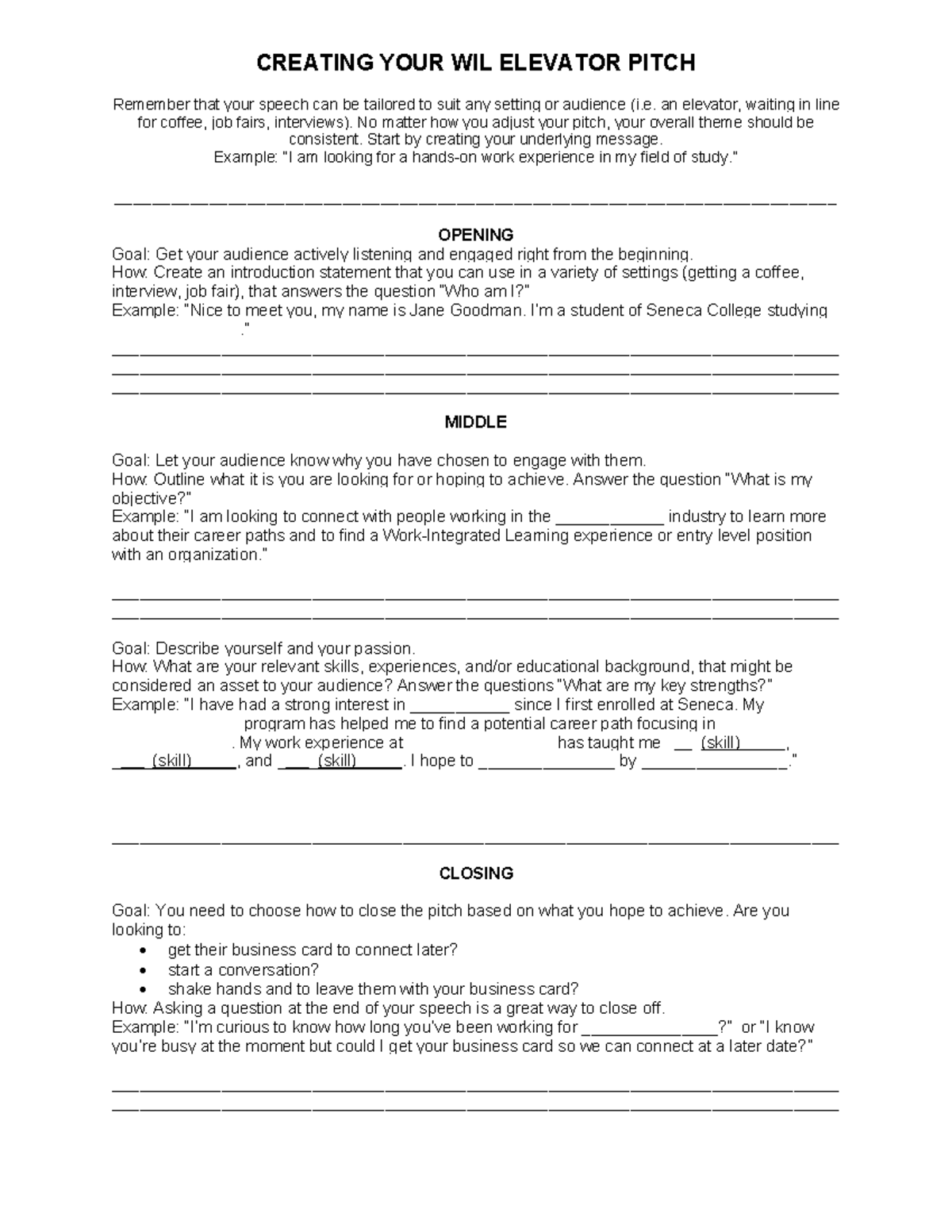 Elevator pitch notes - CREATING YOUR WIL ELEVATOR PITCH Remember that ...