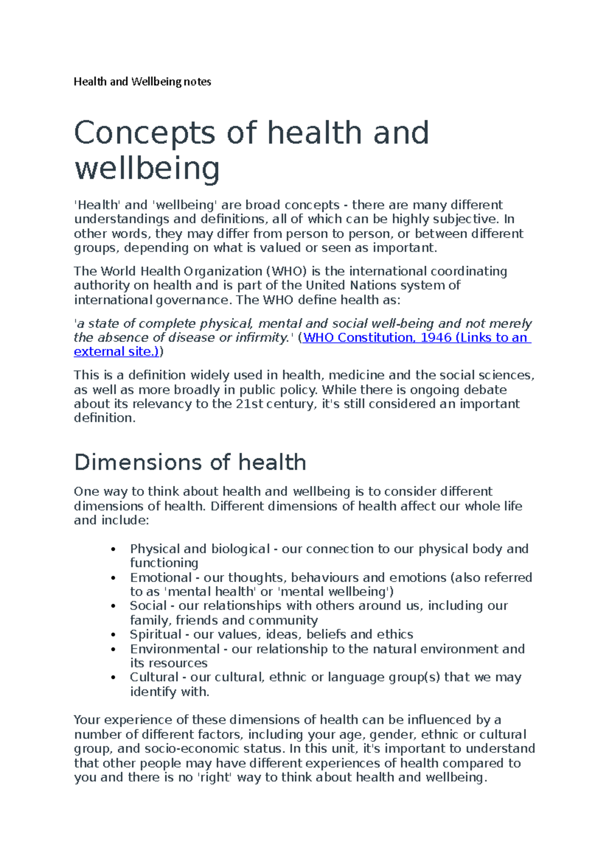 Health and Wellbeing notes - Health and Wellbeing notes Concepts of ...