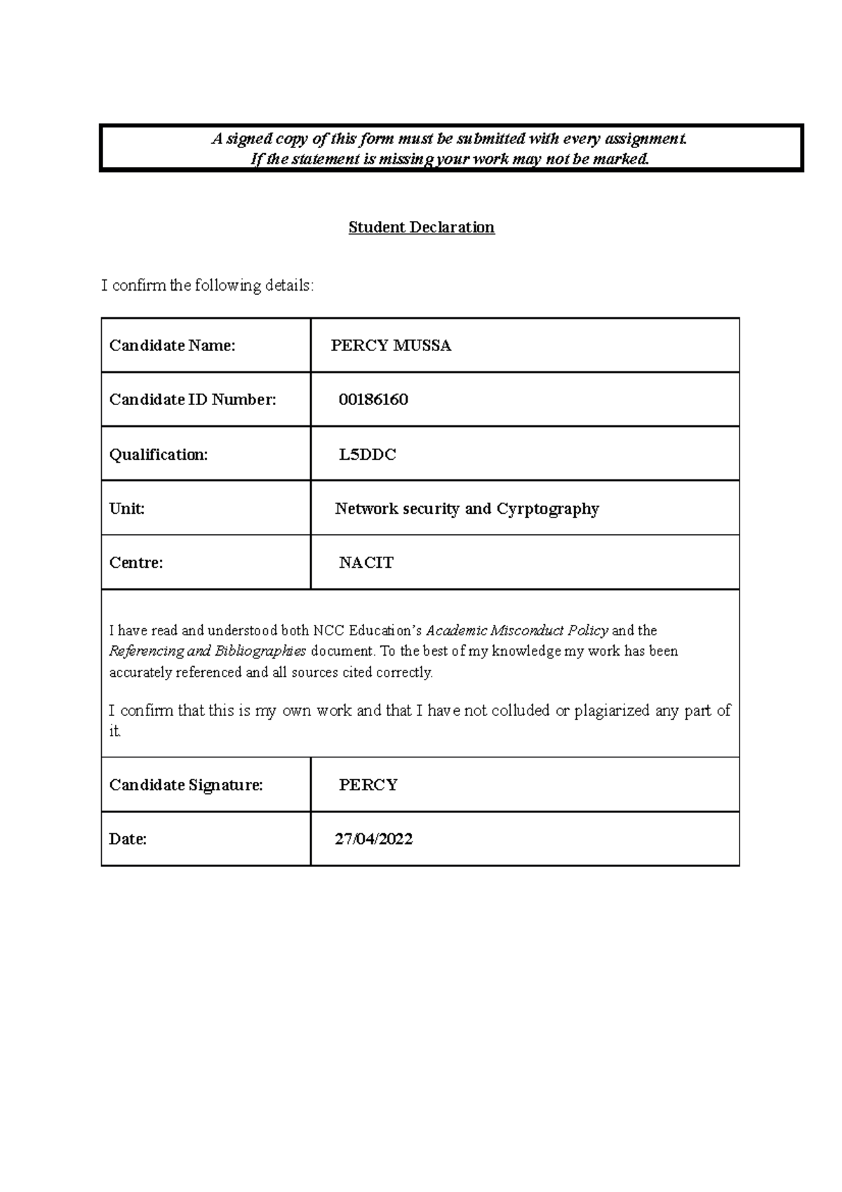 Percymussa(00186160)Network Security Cyrptography - A signed copy of ...