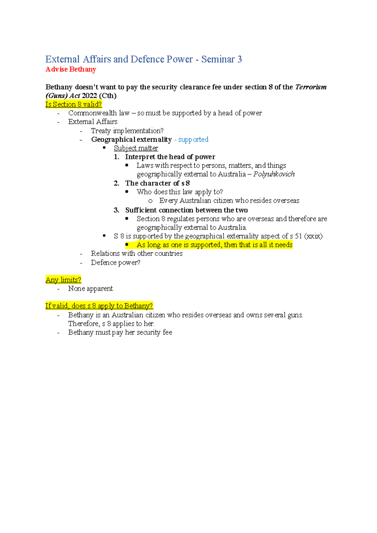 External Affairs and Defence Power - Seminar 3 - Interpret the head of ...