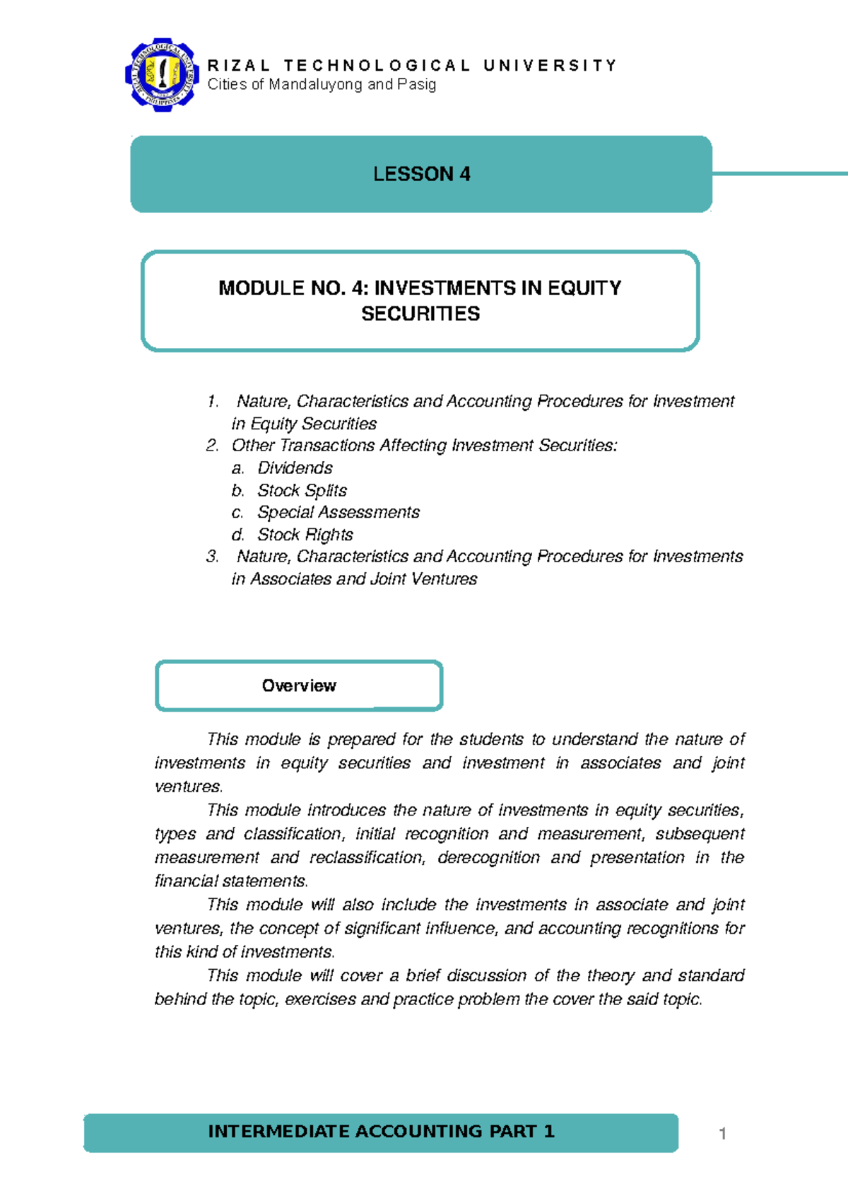 AC78 Module 4 Investments in Equity Securities - 1. Nature ...