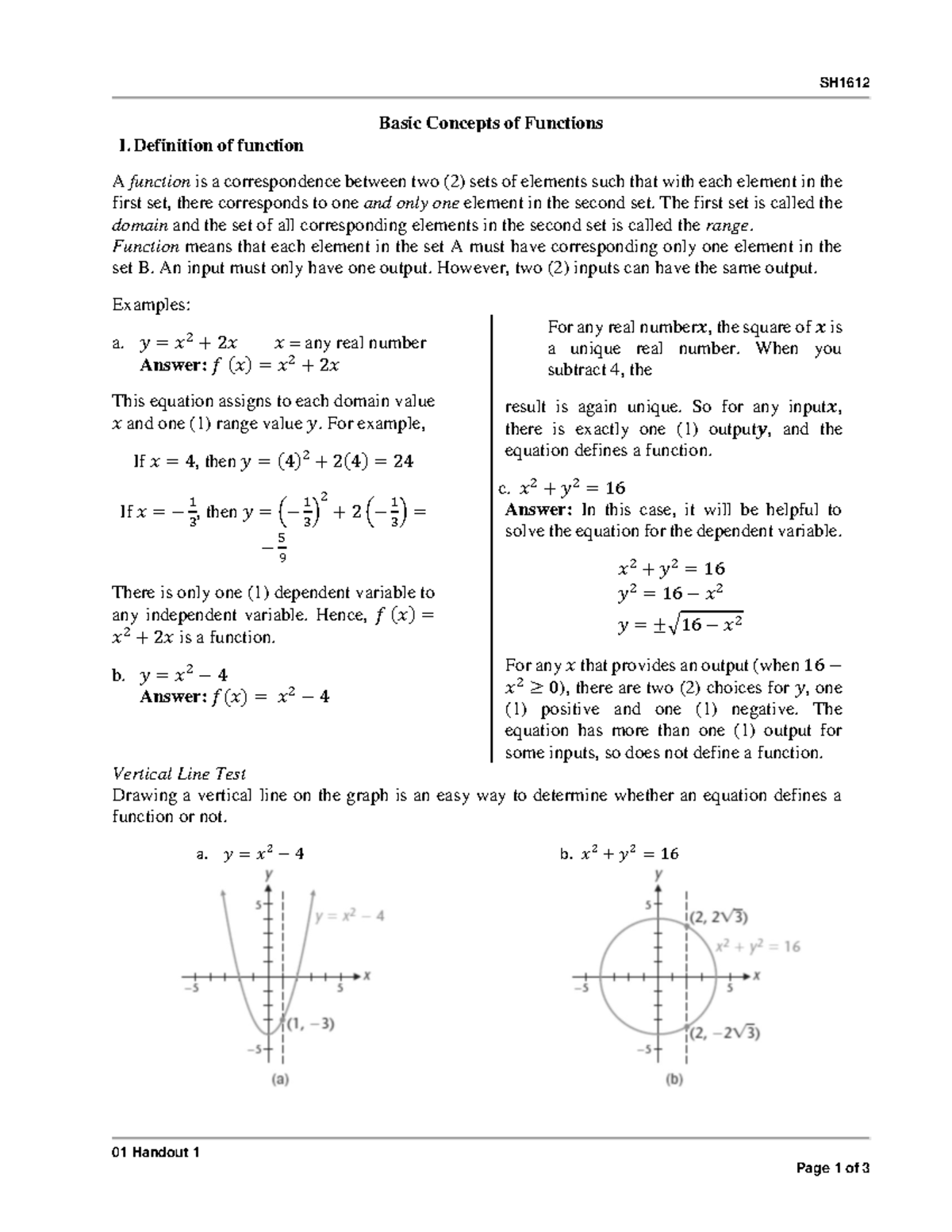 319761522 01 Handout 1 - Basic Concepts of Functions - SH 01 Handout 1 ...