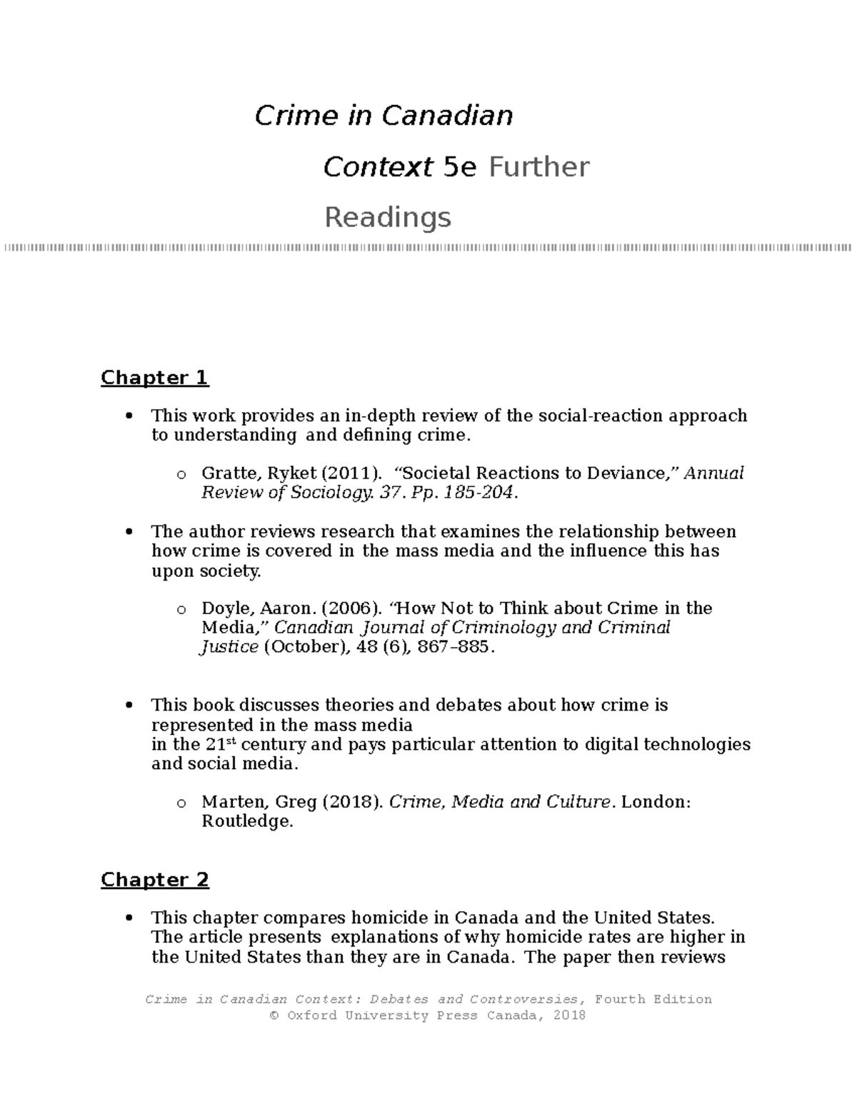 SSG Further Readings 5th ed - Crime in Canadian Context: Debates and ...