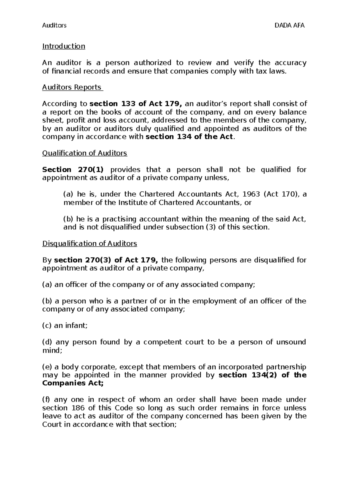 Auditors - Auditors Reports According to section 133 of Act 179, an ...