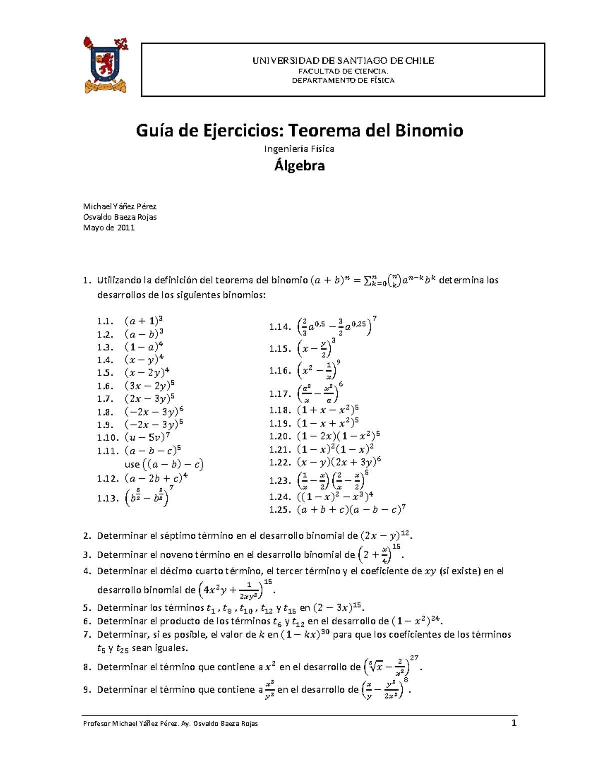 Guía Teorema Del Binomio - UNIVERSIDAD DE SANTIAGO DE CHILE FACULTAD DE ...