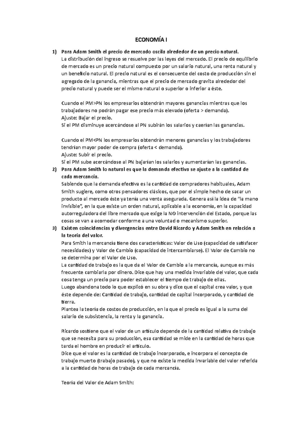 Economia 1 Resumen Economía EconomÍa I Para Adam Smith El Precio De Mercado Oscila 8275