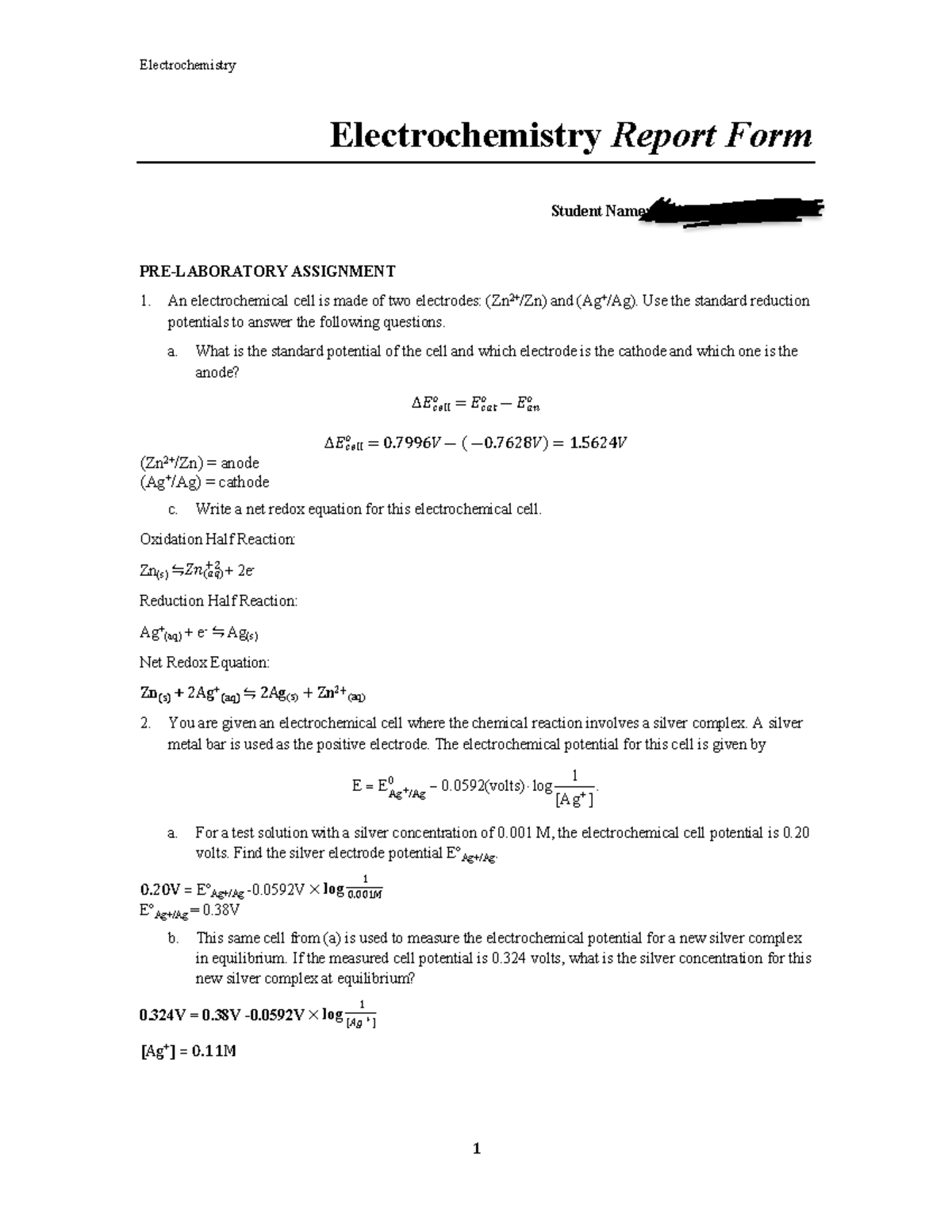 Electorchemistry lab report Electrochemistry Report Form Student Name