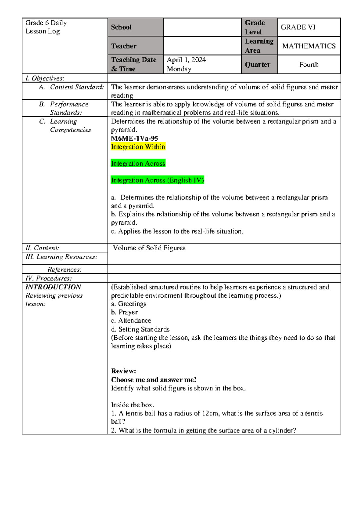 DLP April 1 - lesson plan - Grade 6 Daily Lesson Log School Grade Level ...