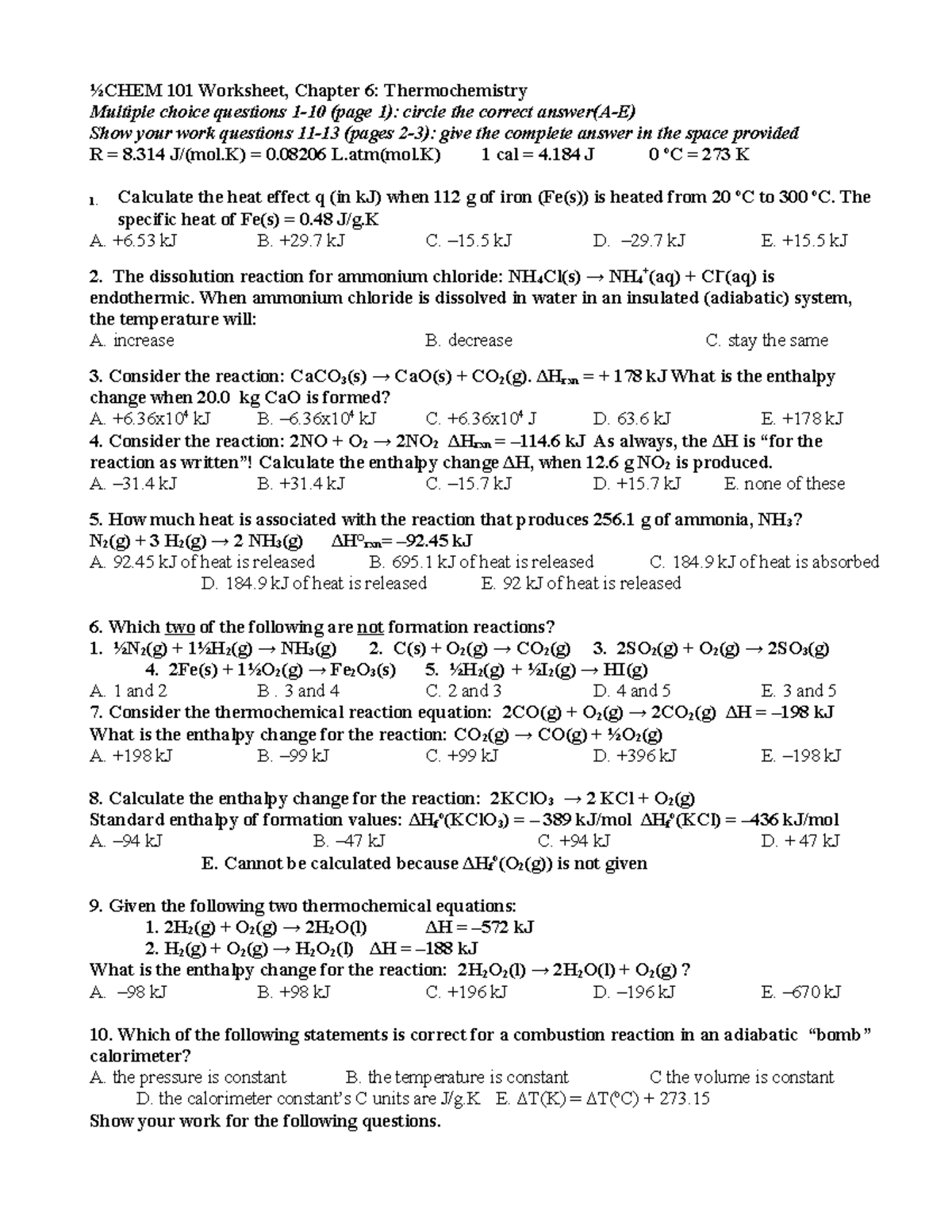 Worksheet chapter 6 NEW - ½CHEM 101 Worksheet, Chapter 6 ...