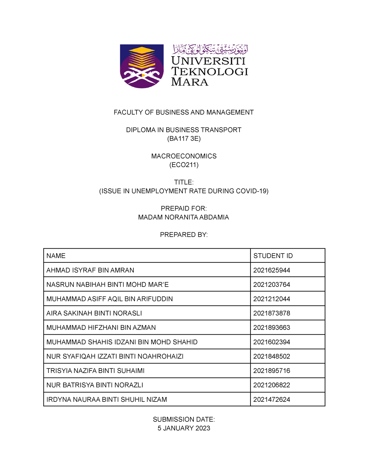 J4BA1173E ECO211 Written Report Group 1 - FACULTY OF BUSINESS AND ...