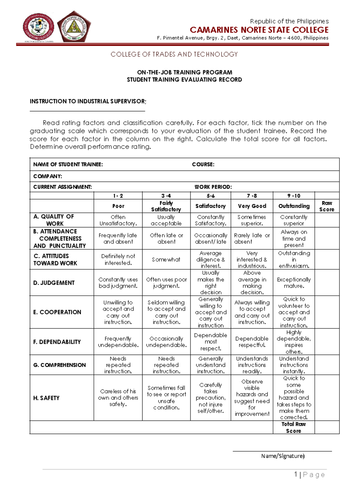 OJT Rating Sheet Edited Version - 1 | P a g e Republic of the ...