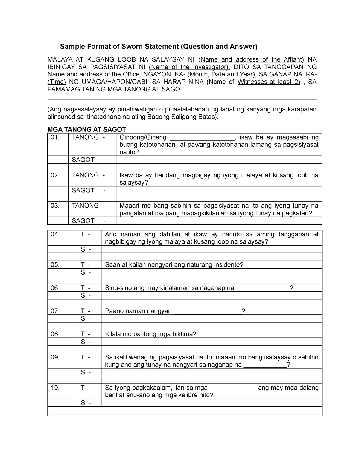 Sample Format Of Sworn Statement Or Sinumpaang Salaysay Sample Format Of Sworn Statement 0955