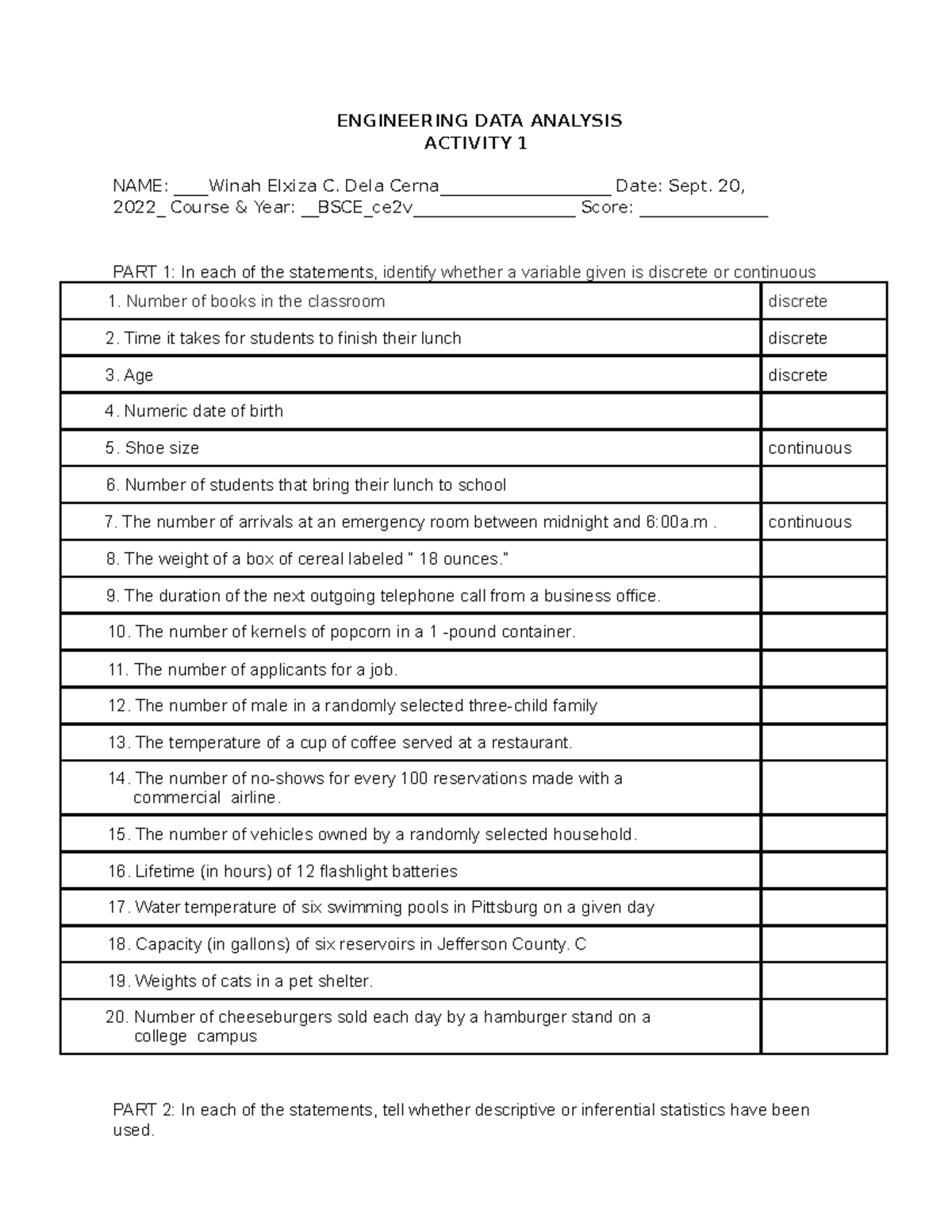 Activity 1 DATA Collection ENGINEERING DATA ANALYSIS ACTIVITY 1 NAME