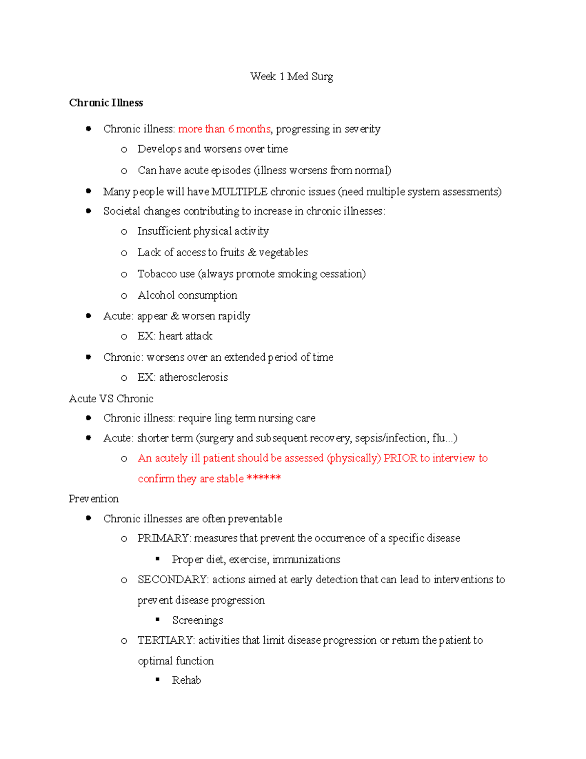 Week 1 Med Surg - Week 1 lecture - Week 1 Med Surg Chronic Illness ...