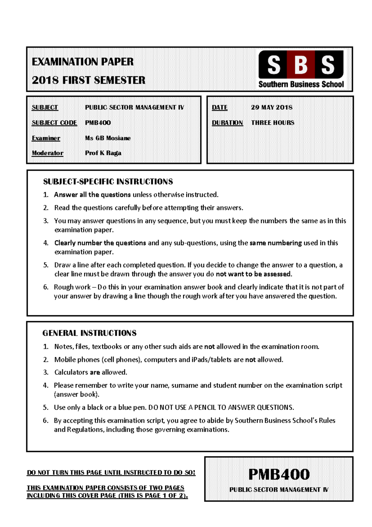 29 MAY 2018 - Past Exam Papers - GENERAL INSTRUCTIONS 1. Notes, files ...