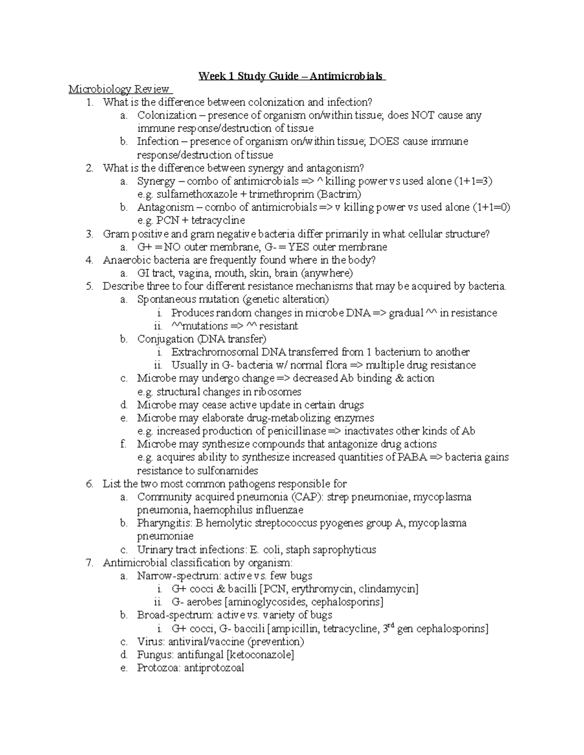 Pharm B - Antimicrobials - Week 1 Study Guide – Antimicrobials ...