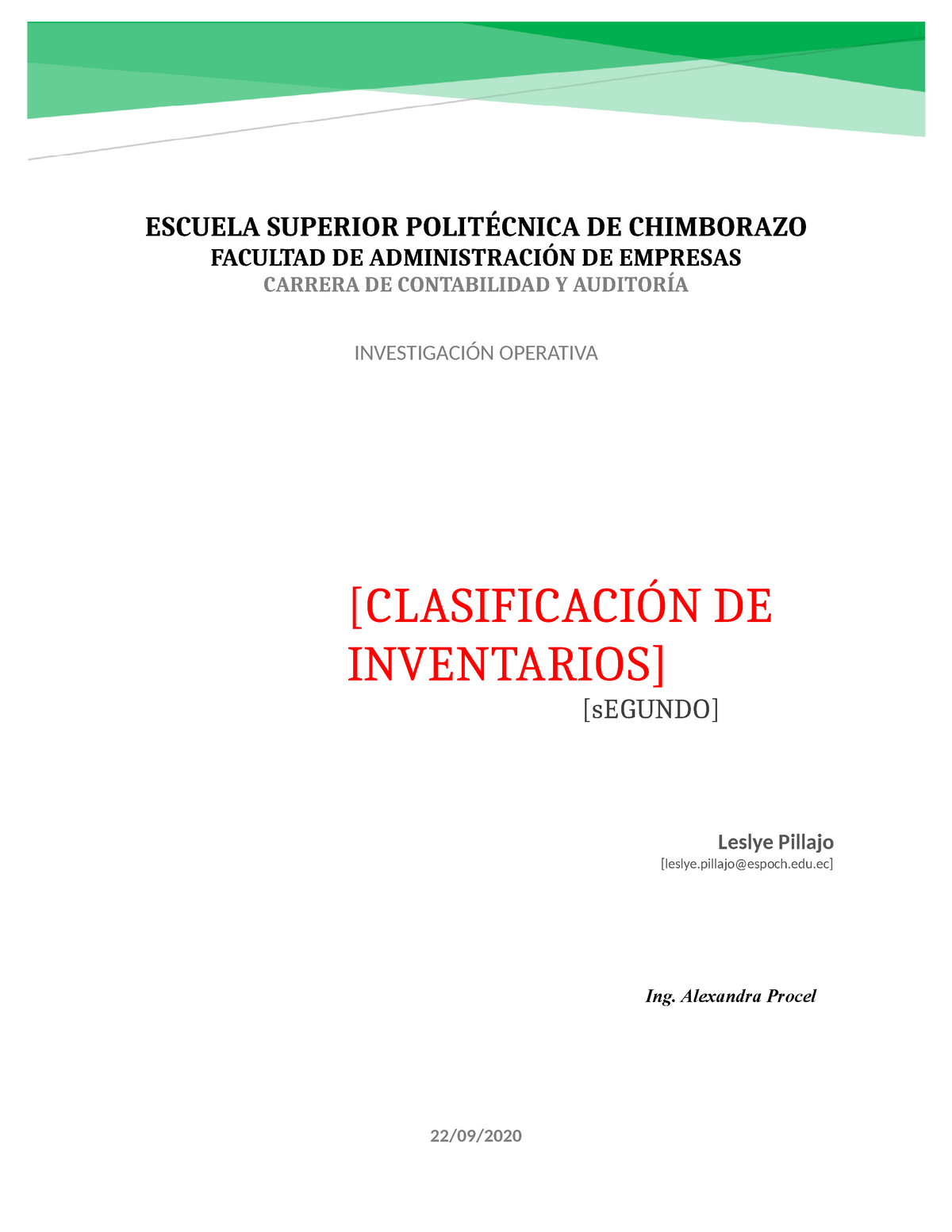 Clasificación De Inventarios En Practica De Clase Para Escuela Superior PolitÉcnica De 2543