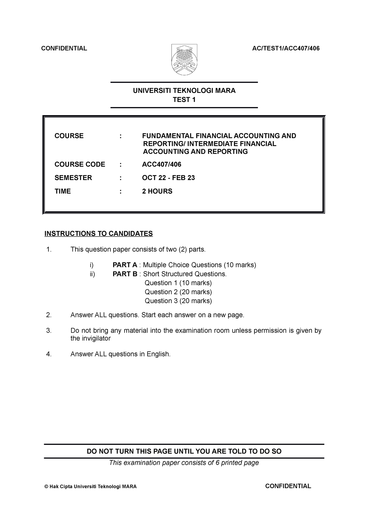 ACC407 Tutorial Question Seminar 1 - UNIVERSITI TEKNOLOGI MARA TEST 1 ...